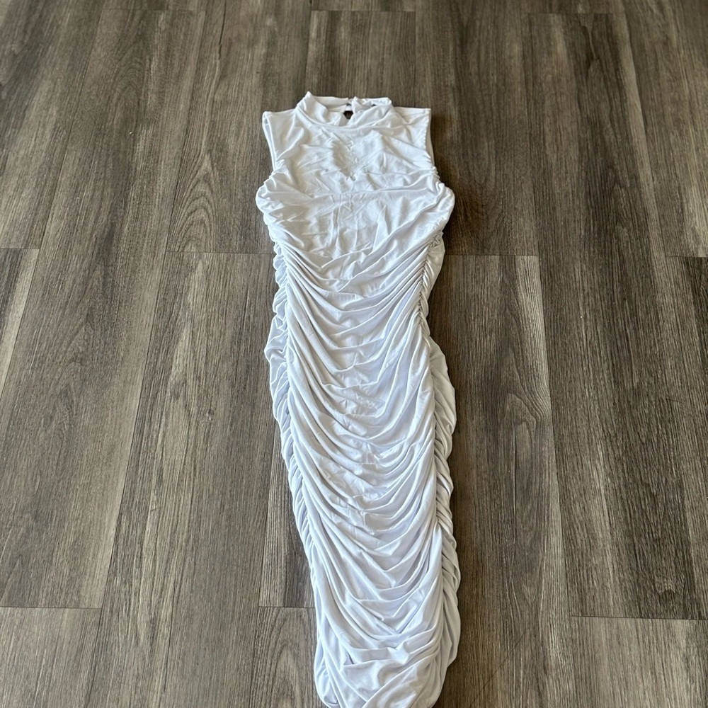 NWT White Ruched Dress Small – Choker Neck, Gold Button Back, Bodycon